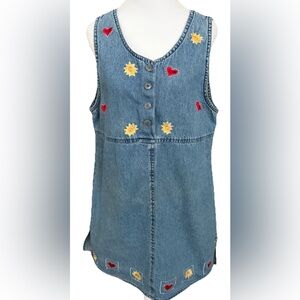 Vintage 80s SHAVER LAKE Embroidered Denim Mini Dress Romper Size Large